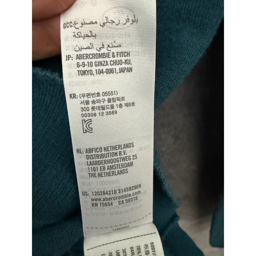 Abercrombie & Fitch Mens XL Teal Blue Cotton Merino Wool Crewneck Moose Sweater
